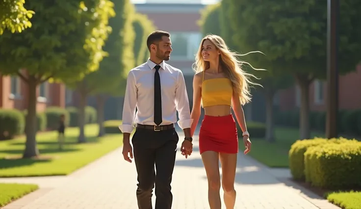  man, white shirt, tie, black trousers walking holding hands
 long blonde haired girl in a tight yellow shirt and red mini skirt walking at school yard atmosphere, realistic