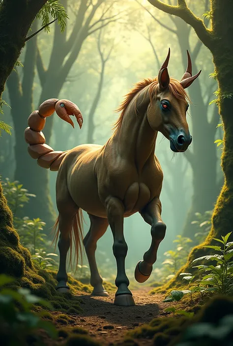 Create horse to scorpion mix up image in forest 