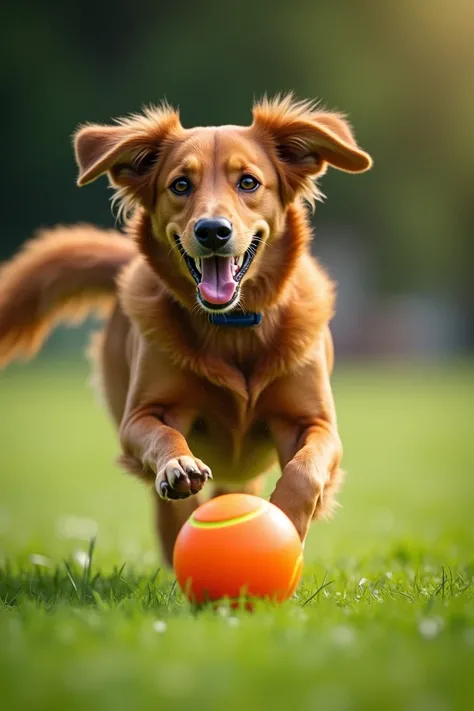 Realistic photograph of a dog playing with a ball 