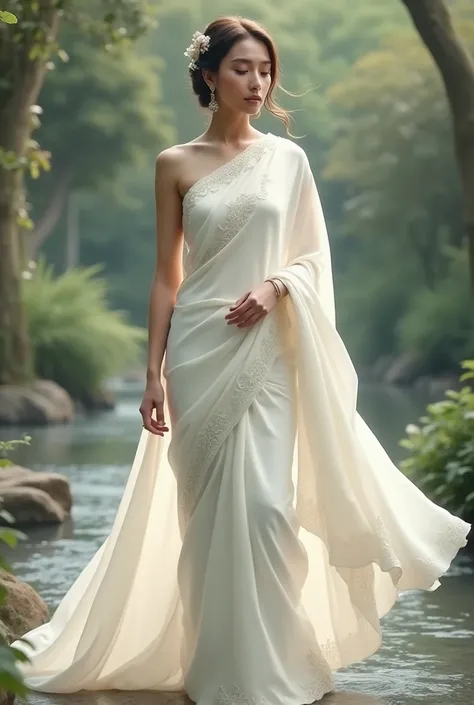 Woman wearing white silk saree