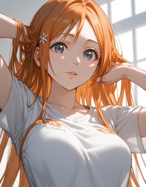 close up, score_9, score_8_up, score_7_up, (solo), 1girl, ((inoue orihime)),orange hair, medium breast,  room, bleach , t-shirt , ((pose))