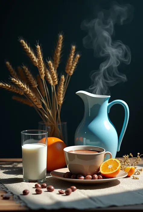 A still life with a blue pitcher, a glass of milk, an orange, a bowl of hot chocolate, wheat in clear dark