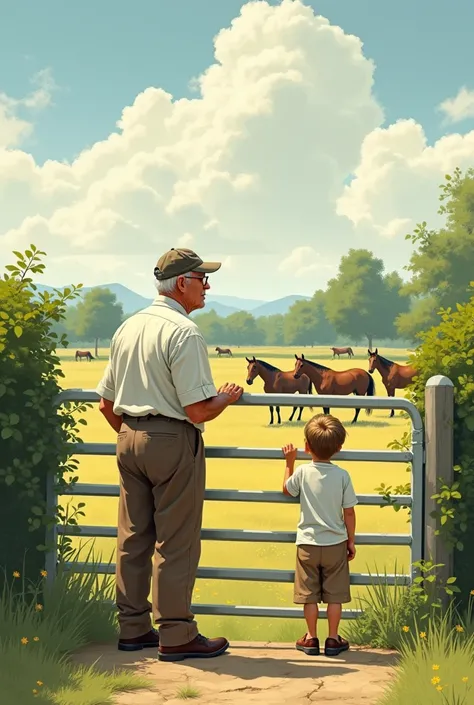 Une illustration en portrait dun paysage de campagne française avec au centre une barrière en fer blanc, un grand père et son petit fils regardant lhorizon. Le grand père est à coude à la barrière, le petit-fils est monté dessus pour être au niveau du gran...