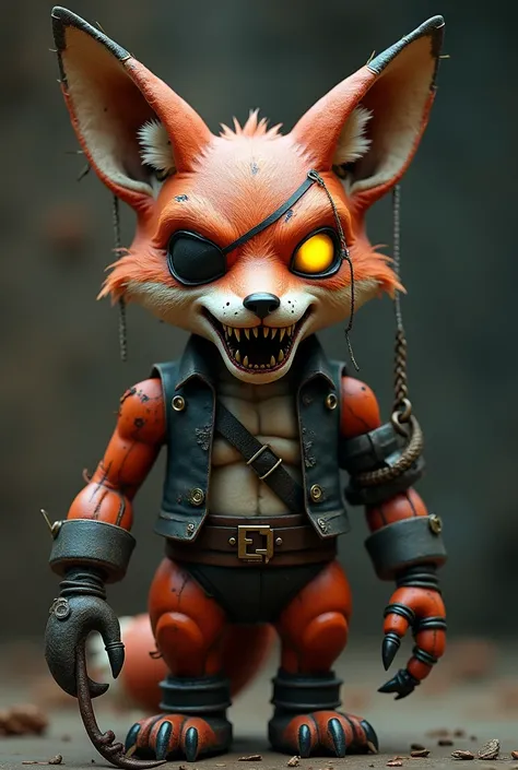  An animatronic in the shape of an anthropomorphic fox with a worn and terrifying appearance . . His fur is a rusty reddish shade ,  discolored in some areas , .} as if it had been exposed to abandonment for years .  Its metallic body is visible in several...