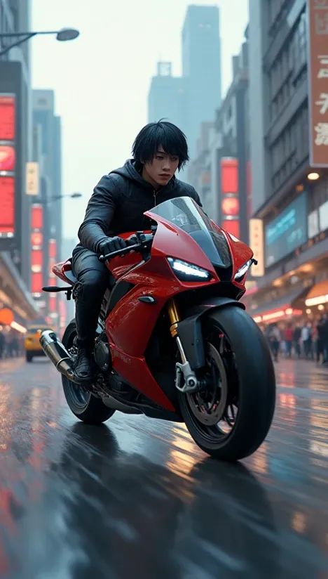 young man, medium long black hair, riding a sports motorbike, urban street