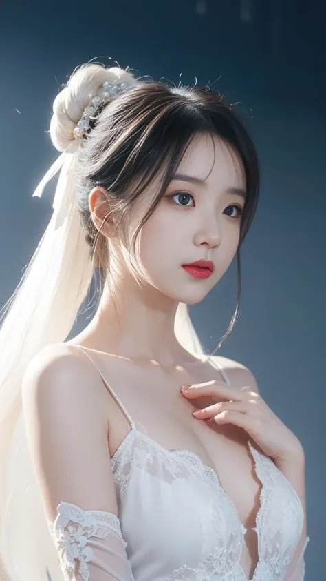 A charming white snake demon 。 wears a long flowing white dress ，Delicate facial features，Sweet and moving 。Her hair is half tied up，The bun is adorned with a delicate white snake-shaped hair accessory。There is an elegant flower ornament in the middle of h...