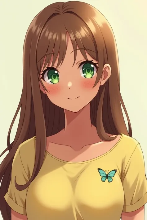  with long, straight light brown hair , vibrant green eyes, slightly dark skin ,  full lips in a Brazilian smile ,  with a pastel yellow blouse ,  a small drawing of a butterfly on the right collarbone,  anime style