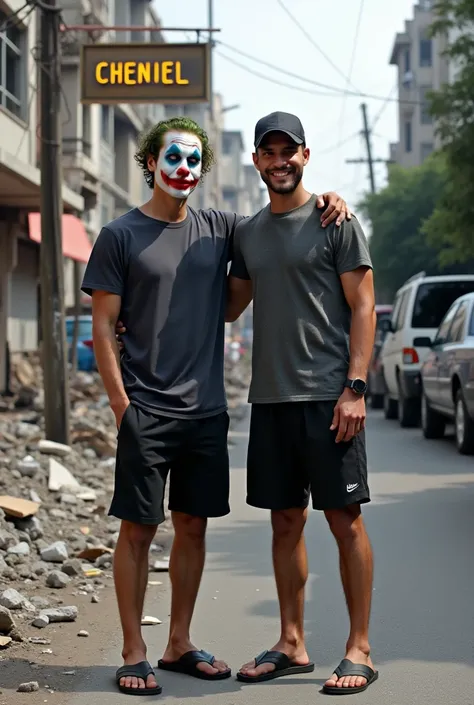 Indonesian Man After s, Wearing Dark Gray T-shirt, Wearing Black Shorts, Wearing Flip Flops. Wearing Baseball Cap, Posing with Movie Character Named Joker with His Typical Clothes. posing standing facing the Camera. Jokers Right Hand Holding the Mans Shoul...