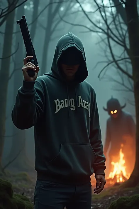 a man wearing a hoodie sweater carrying a firearm, facing attacks from evil monsters, a very tense moment, there is a BANG AZAY name logo on the hoodie sweater, in the dark forest background there is light from the fire
