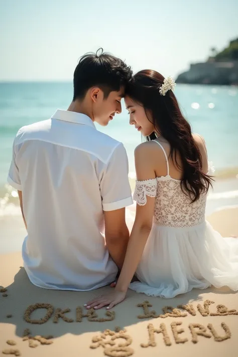  lace and handsome Korean man wearing white batik shirt both sitting while writing on beach sand wearing hand picture love text"OKTA love HERU "  two romantic faces look at camera in sand seaside beach looks beautiful ocean waves romantic atmosphere FULL H...