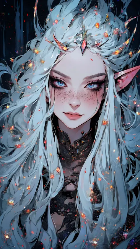 Surreal painting of a mysterious woman with flowing white hair, Elf ears, freckle, Sharp Opal Eyes, And a delicate crown, Exquisite smile, Upper Body