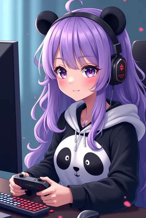 Une belle fille aux cheveux longs ondulés violet et habillé en panda, tenant une manette et un casque audio, devant un ordinateur 