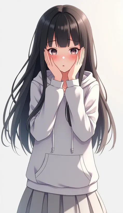  Black-haired female character who blushes and feels ashamed, Long-haired ,  covering her face with her hands ,  wearing a white hoodie and skirt 