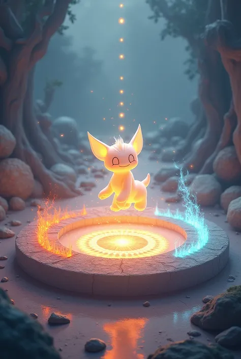 " A magical altar illuminated by four elements : fire, water, land and air.  A spirit-shaped creature emerges from the central circle, with a friendly, shimmering glow .  The surrounding elements rotate softly ,  symbolizing balance and sacrifice .  The en...