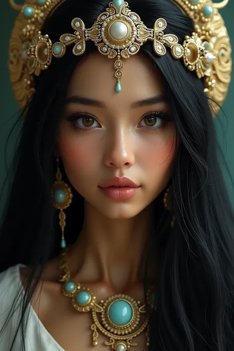 ((best quality)), ((masterpiece)), (detailed), perfect face. generate Mayari a goddess of moon, she looks like a Filipino women with long black hair and tanned skin and shes asking Diwata, Diwata is a Filipino mythology of Philippines
