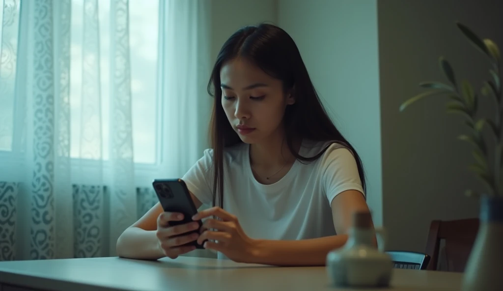 A highly realistic and detailed image of a young woman sitting at a table, holding an iPhone 15 in her hand while looking at it with a sad and introspective expression. She is wearing a simple white t-shirt, with her straight hair falling naturally over he...