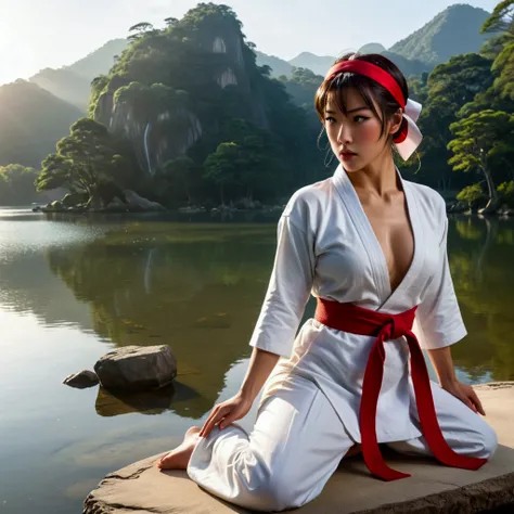 Ryu of Street Fighter Fame (Iconic white gi, red headband and belt), practices his martial arts. A cute woman (sheer gown, cute, biting her lip, lusting after Ryu) watches hungrily, reflected in tranquil lake
