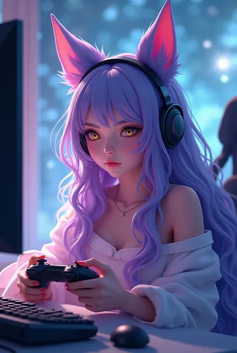 Une belle fille aux cheveux longs ondulés violet et  en kitsune, tenant une manette et un casque audio, devant un ordinateur 