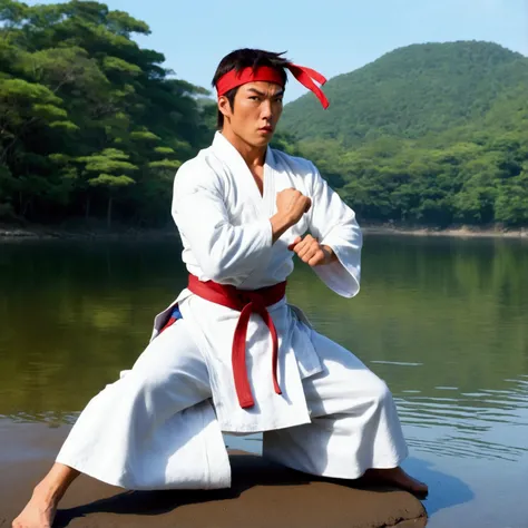 Ryu of Street Fighter Fame (Iconic white gi, red headband and belt), practices his martial arts. A cute woman (sheer gown, cute, biting her lip, lusting after Ryu) watches hungrily, reflected in tranquil lake
