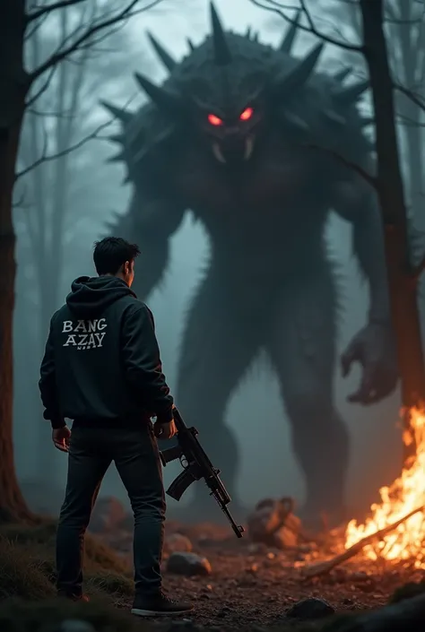 a man wearing a hoodie sweater carrying a firearm, facing an evil monster, a very tense moment, there is a logo of the name BANG AZAY on the hoodie sweater, the background is dark forest there is light from the fire