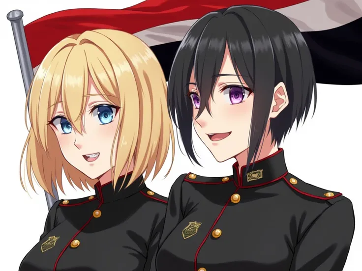 2women, High Resolution, Blue eyes, Blonde Hair, Black Hair, Purple Eyes, Teeth, Makeup, Light Smile, military Locations, with black Army commander uniform, 1 Red And white and black flag is flying behind them