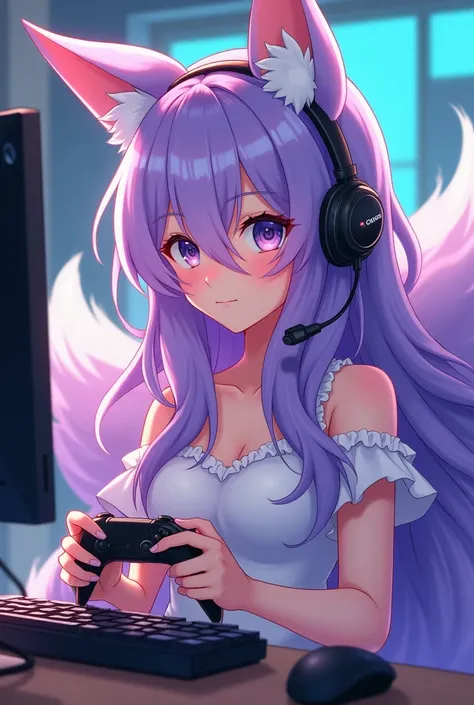 Une belle fille anime aux cheveux longs ondulés violet et  en kitsune, tenant une manette et un casque audio, devant un ordinateur 