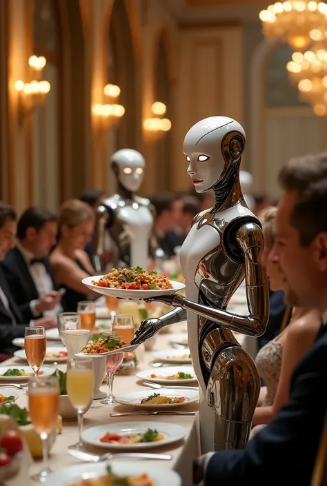 Waiter robots at a banquet