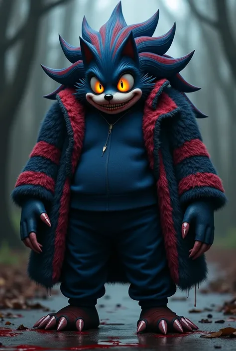 Can you create Zyraphilith Nyshadra, i am a very tall Hedgehog Woman at a height of 142, based off on Sonic.EXE, has huge yellow sharp teeth, huge claws, is a little fluffy, barefoot, has very very long Midnight Blue hair with Blood Red stripes, fur color ...