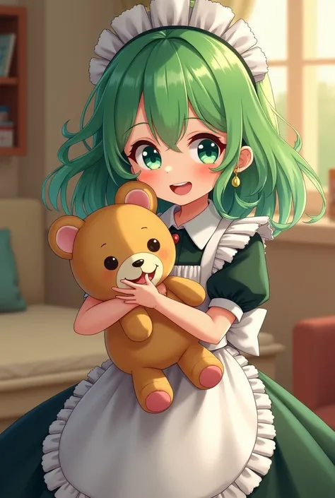 Green Hair　 maid outfit 　Young girl　 cute　I have a stuffed animal