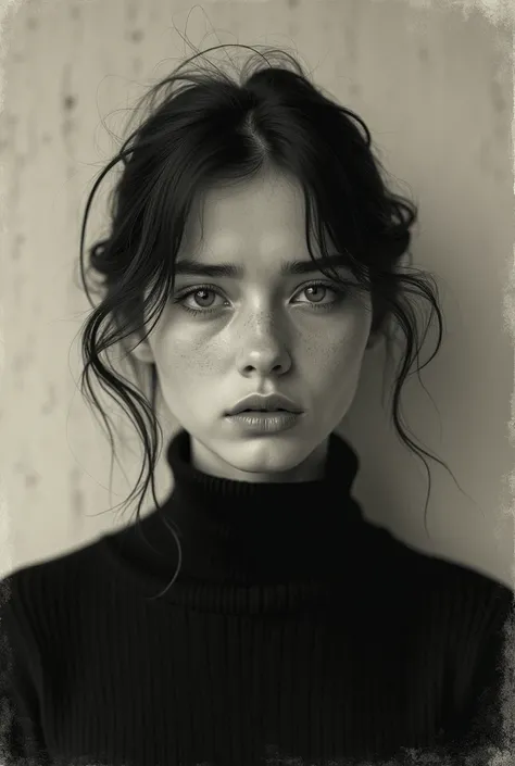 A surreal, minimalist portrait of a beautiful young woman with distinctive, delicate facial features, her hair is dark and blown by the wind, her expression is distressed, and her brows are slightly furrowed. She is wearing a high-necked black sweater, con...