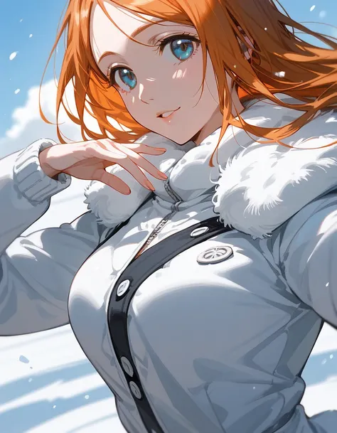 close up, score_9, score_8_up, score_7_up, (solo), 1girl, ((inoue orihime)),orange hair, medium breast, outdoor, bleach , winter jacket, , ((pose)), snow
