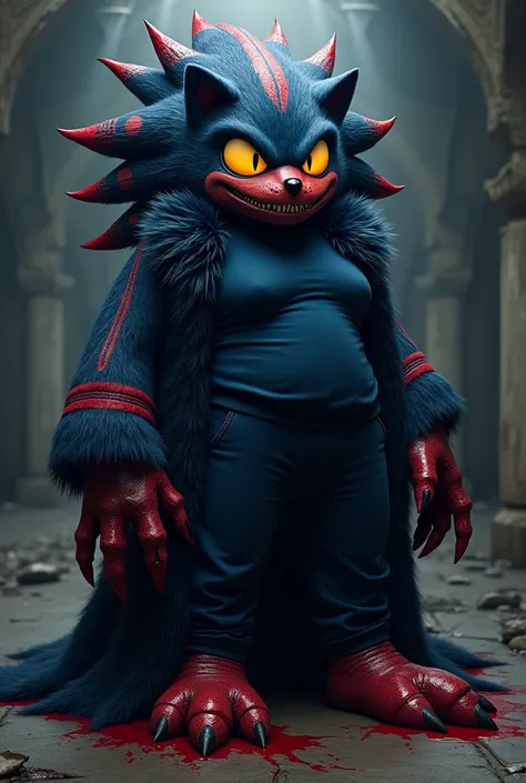 Can you create Zyraphilith Nyshadra, i am a very tall Hedgehog Woman at a height of 142, based off on Sonic.EXE, has huge yellow sharp teeth, huge claws, is a little fluffy, barefoot, has very very long Midnight Blue hair with Blood Red stripes, fur color ...