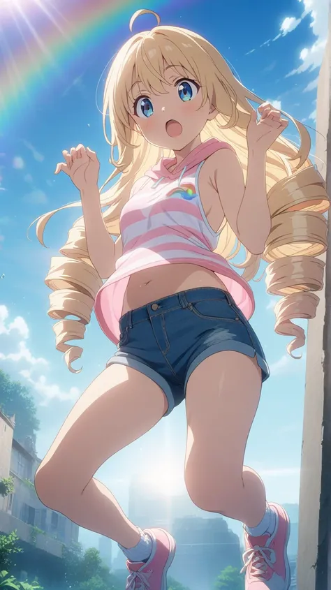  girl、Blonde, Long Hair, Drill Hair, Ahoge, blue eyes, slant eyes, narrow eyes、 pink open sleeveless hoodie、 striped camisole with belly button out 、 denim shorts 、 white socks 、pink shoes 、 cute jump pose in the air 、 blue sky background with a rainbow 、a...