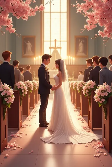  The church benches are decorated with bouquets of cherry blossoms and white and gold candles that bring a small touch of color to the mahogany with which they are painted.
I walk nervously to the altar in my wedding dress, where ÑMagnus is waiting for me ...