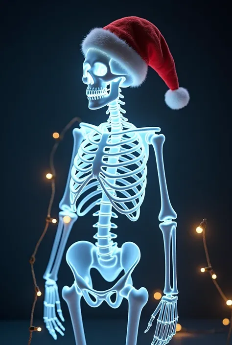 a human body 3d skeleton, make the outline glowing and add Christmas hat on the top of the skull, add some Christmas light around the skeleton