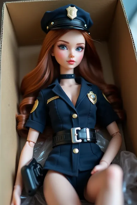  Imagine a beautiful doll woman with soft brown hair, beautiful and realistic face,  in a sexy police suit ,, In heels, asleep , that is covered in plastic,  with a gift bow on her head ,  sitting inside a cardboard box with polystyrene , realistic feet,  ...