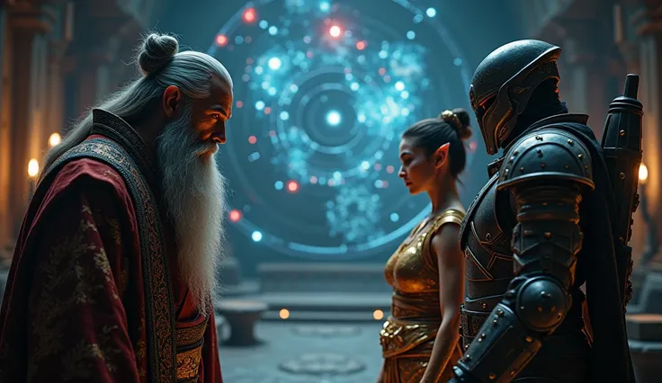 a magician with a beard in a kimano and an elf with long ears and golden armor ,  and next to him, a fantastic armored soldier stand in a dark hall and look angrily at a holographic map of galaxies, some galaxies are marked with red lights, other blue 