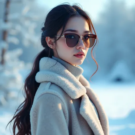 Blue background, beautiful woman with sunglass and winter dresses, text “winter offer” 