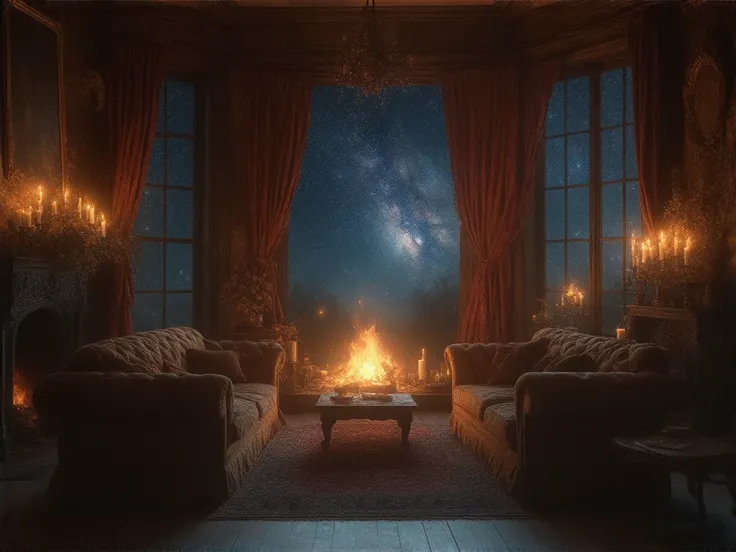  Old English Style,indoor,fireplace,Star-Seen Window ,two sofas,at night