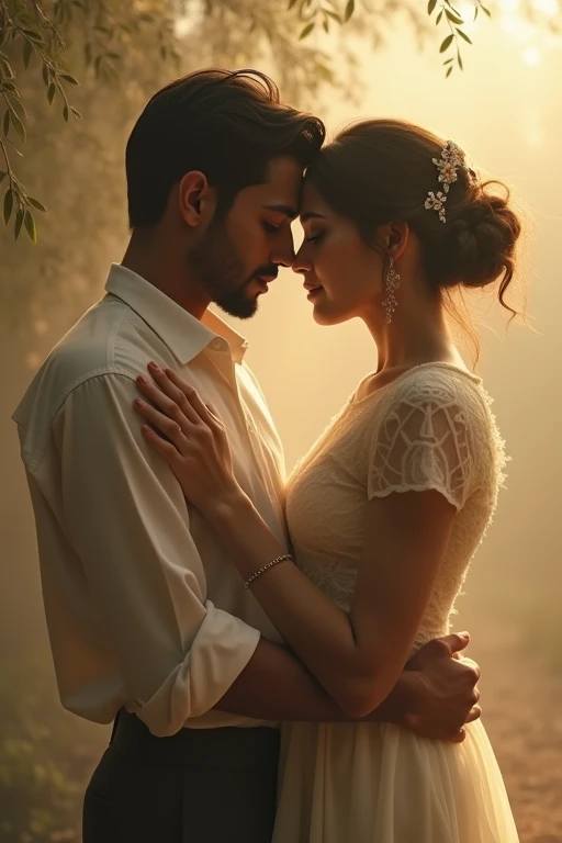 *A nostalgic image of atiqah and abdullah lovers depicted in soft focus, warm tones, dreamlike cinematic framing.*  