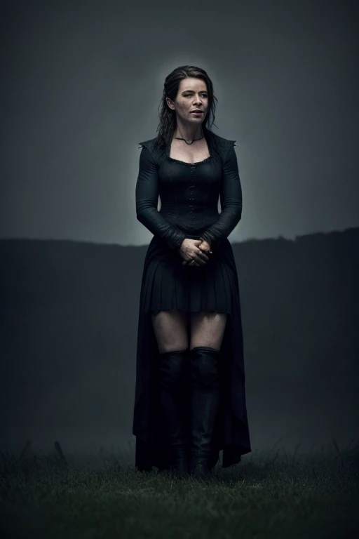 Evangeline Lilly a female necromancer in a graveyard, atmospheric, cinematic, high detail, masterpiece, gothic  fr3j4