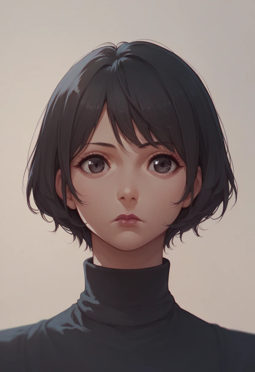 kiyomi takada, 1girl, solo, looking at viewer, short hair, black hair, closed mouth, turtleneck, expressionless, lipstick, portrait