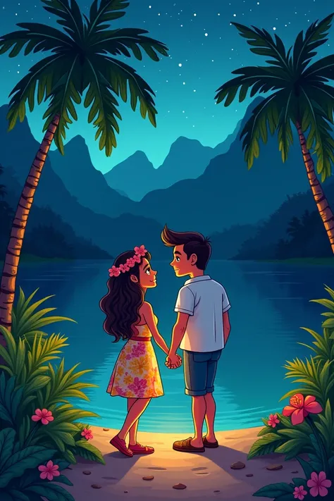 Deseny cartoon couple sitting in river side night time and haweyai