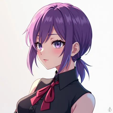 3/4 angle anime girl with slightly evil smirk and purple hair looking slightly down towards you 