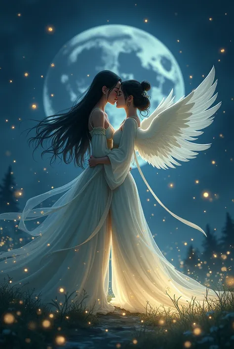  The beautiful Katara kissing angel from the avatar, Among fireflies in the dark night  