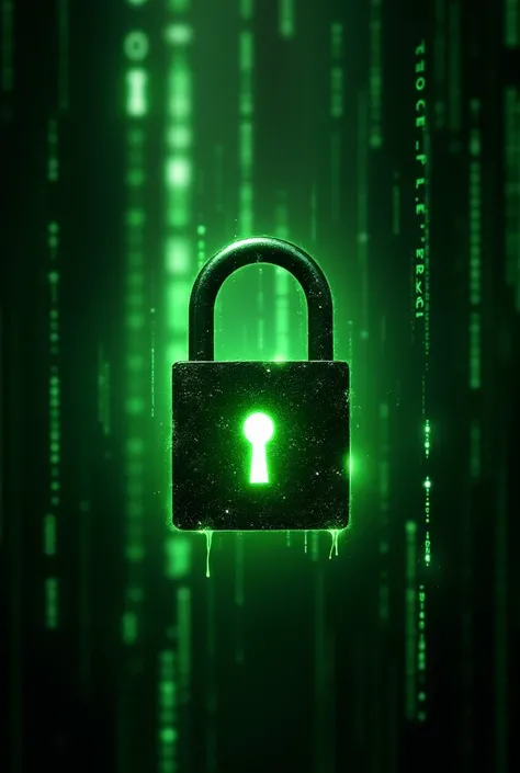 Create for me an image of a green padlock in a green and black Matrix Dark city