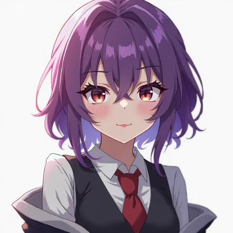 3/4 angle anime girl with a evil smirk and long purple hair looking slightly down towards you 