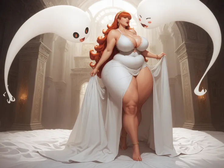 A white ghost, tall, white skin, Long hair with bangs , white sheet, covered eyes. senos enormes, she has no nipples, wide hips, narrow waist, huge ass, plump ass, thick thighs, wide thighs, very long legs, eight feet tall, (obra maestra), (la mejor calida...