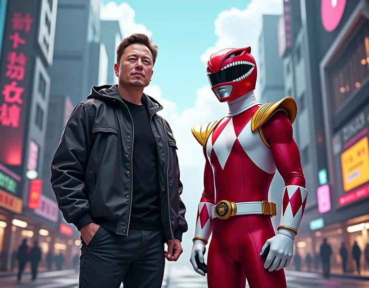 Elon Musk posando en la ciudad junto de mighty morphin Power Ranger