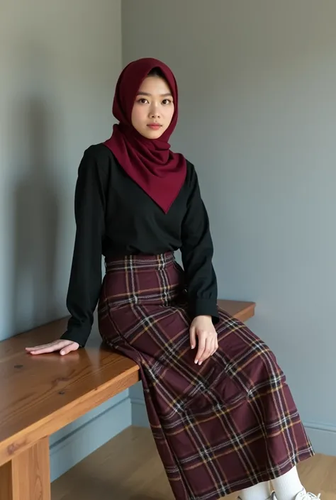  A naturally faced Korean woman beautiful white skin smooth and cute cotton ,  wearing a maroon red triangle hijab ,  wearing a black blouse wearing a long plaid patterned skirt ,  wearing white socks sports sneakers , Sit on a long L-shaped wooden bench, ...